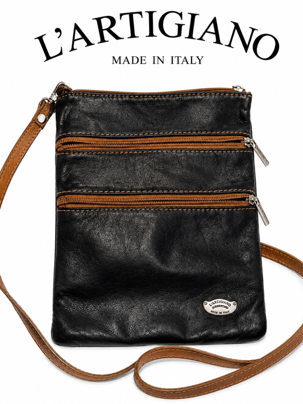 L’Artigiano Made in Italy Black Leather Crossbody Bag Multi Zip Organizer Purse